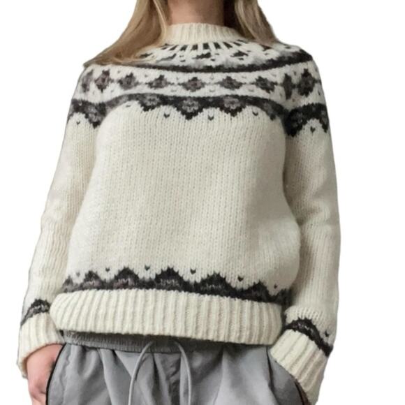 LOFT Ann Taylor Jeweled Wool Alpaca Winter Sweater Size Medium Cream Brown Grey - Picture 1 of 15
